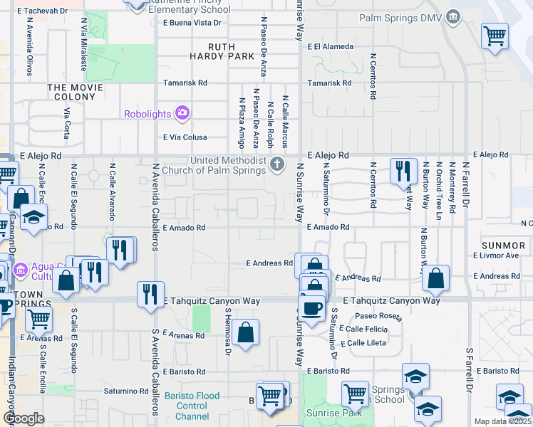 map of restaurants, bars, coffee shops, grocery stores, and more near 1400 Avenida Montana in Palm Springs