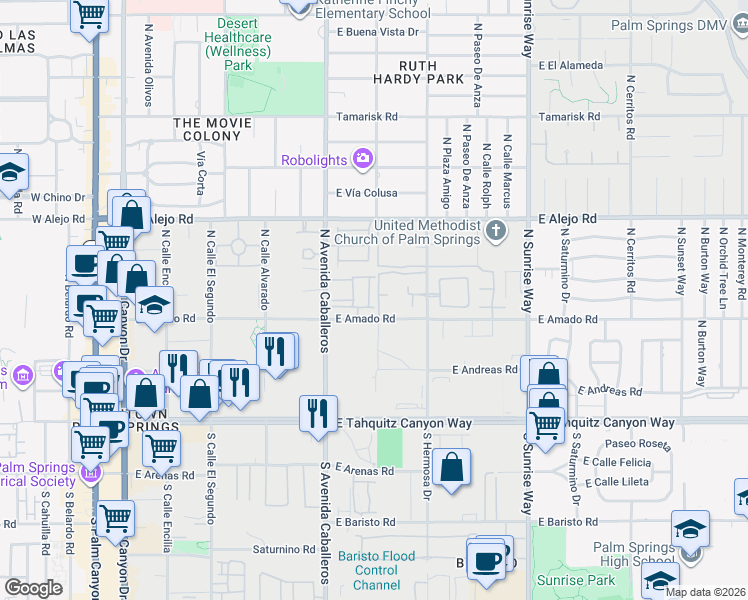 map of restaurants, bars, coffee shops, grocery stores, and more near 392 Suave Lane in Palm Springs
