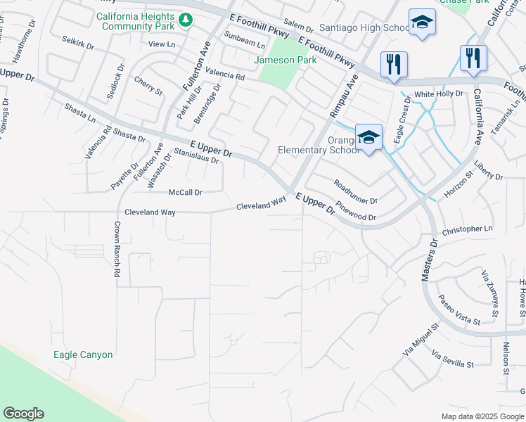 map of restaurants, bars, coffee shops, grocery stores, and more near 1180 Cleveland Way in Corona