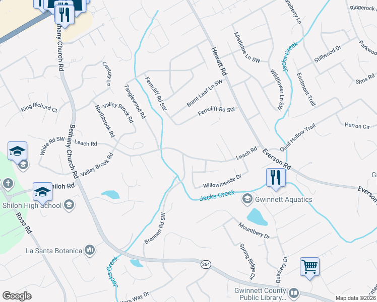 map of restaurants, bars, coffee shops, grocery stores, and more near 3919 Leach Road in Snellville