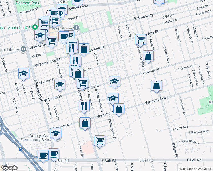 map of restaurants, bars, coffee shops, grocery stores, and more near 406 East South Street in Anaheim