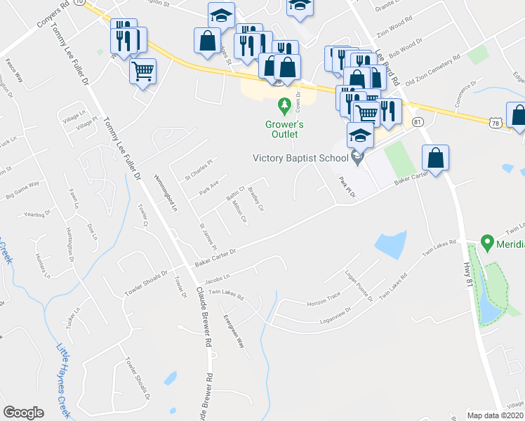 map of restaurants, bars, coffee shops, grocery stores, and more near 810 Bradley Cir in Loganville