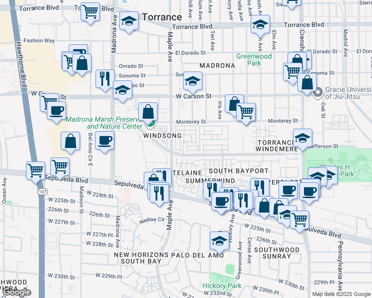 map of restaurants, bars, coffee shops, grocery stores, and more near 2889 Plaza del Amo in Torrance