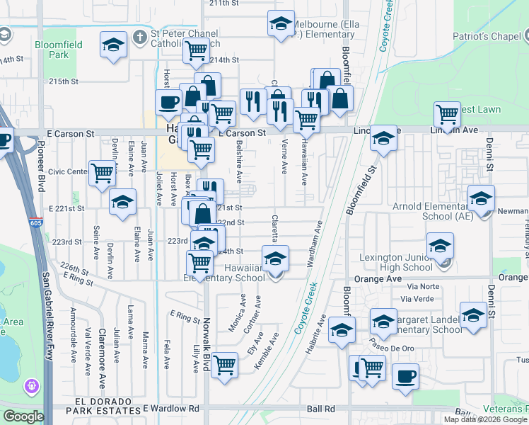 map of restaurants, bars, coffee shops, grocery stores, and more near 22023 Claretta Avenue in Hawaiian Gardens