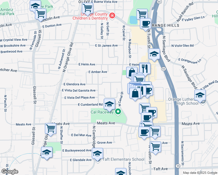 map of restaurants, bars, coffee shops, grocery stores, and more near 2348 North Glennwood Street in Orange