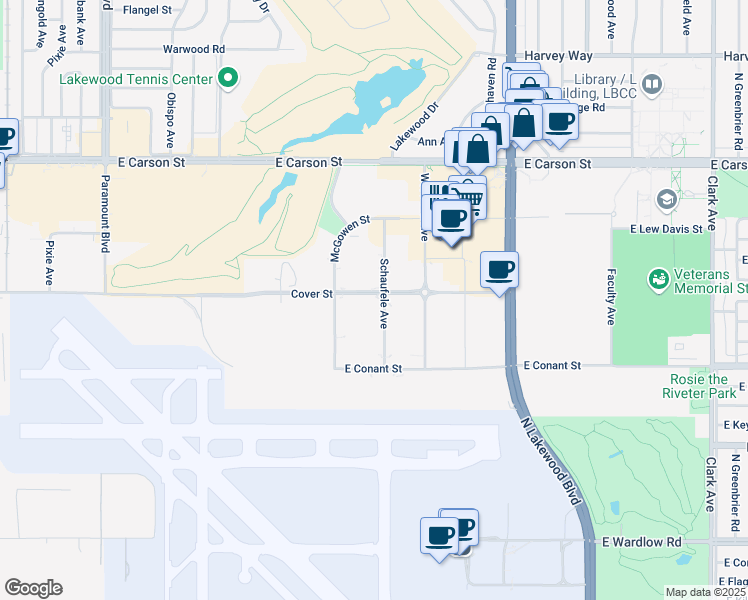 map of restaurants, bars, coffee shops, grocery stores, and more near 3700 Cover Street in Long Beach