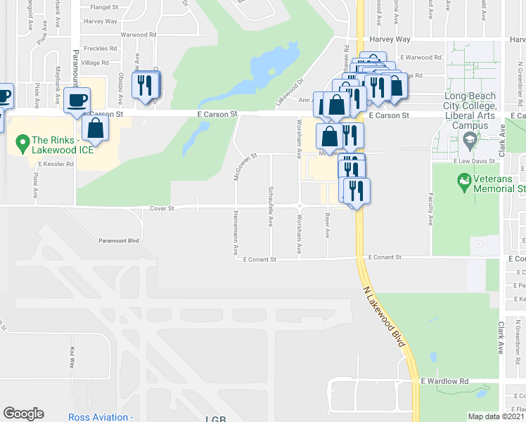 map of restaurants, bars, coffee shops, grocery stores, and more near 3700 Cover Street in Long Beach