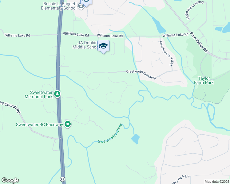 map of restaurants, bars, coffee shops, grocery stores, and more near 597 Crestbend Lane in Powder Springs