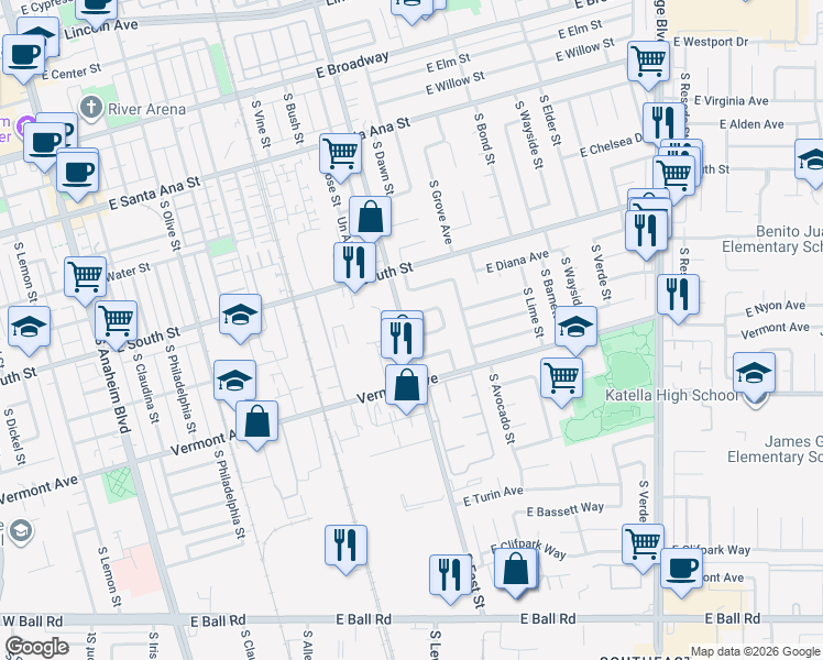 map of restaurants, bars, coffee shops, grocery stores, and more near 1218 East Opal Avenue in Anaheim