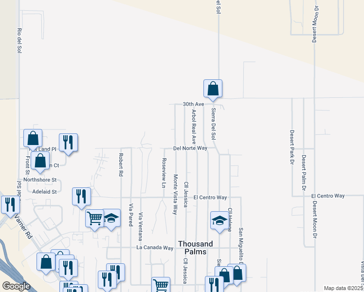 map of restaurants, bars, coffee shops, grocery stores, and more near Calle Jessica in Thousand Palms