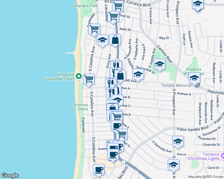 map of restaurants, bars, coffee shops, grocery stores, and more near 909 South Pacific Coast Highway in Redondo Beach