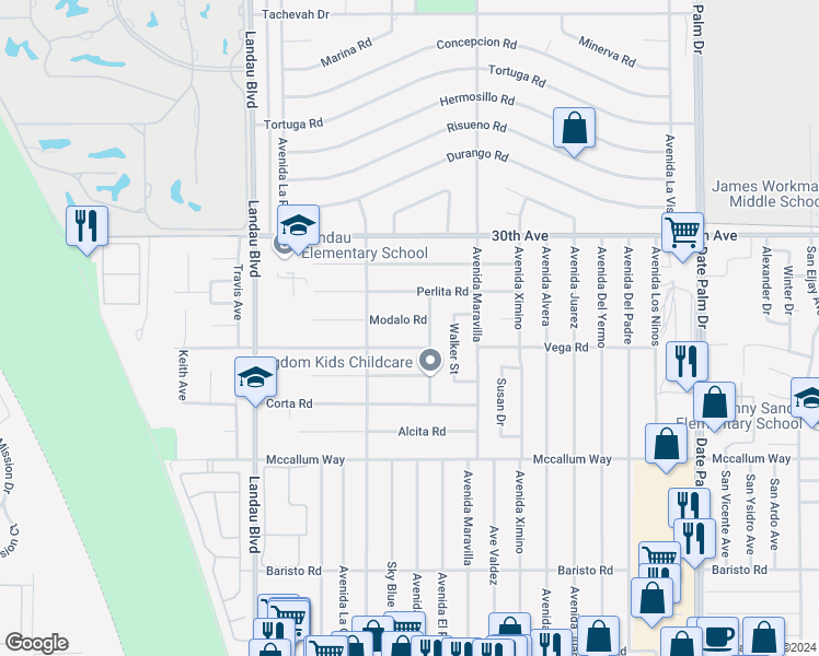 map of restaurants, bars, coffee shops, grocery stores, and more near 68315 Modalo Road in Cathedral City