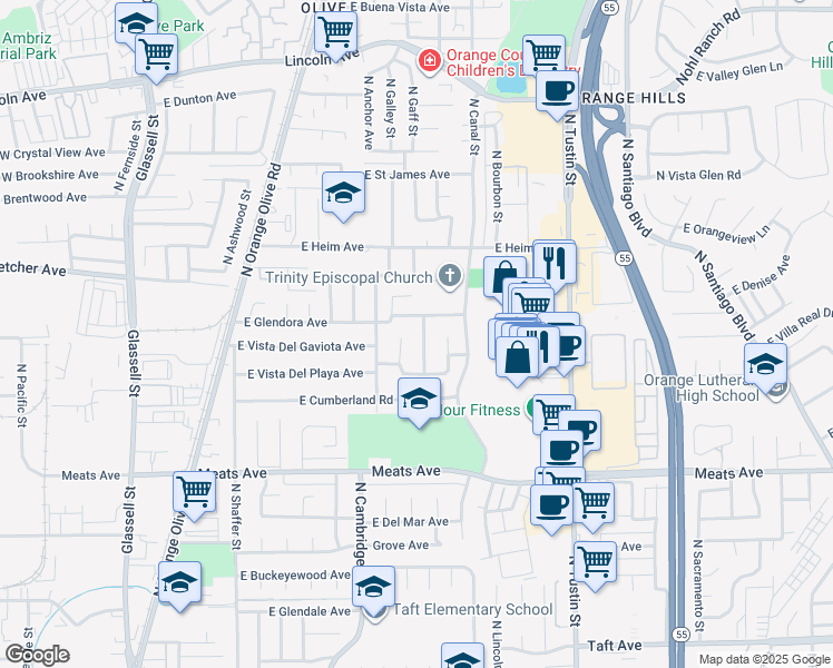 map of restaurants, bars, coffee shops, grocery stores, and more near 2348 North Glennwood Street in Orange