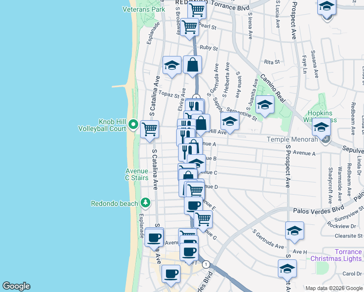map of restaurants, bars, coffee shops, grocery stores, and more near 228 Avenue A in Redondo Beach
