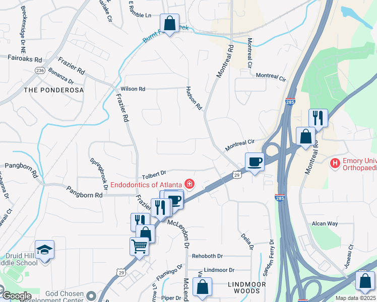 map of restaurants, bars, coffee shops, grocery stores, and more near 3135 Windfield Circle in Tucker