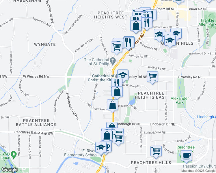 map of restaurants, bars, coffee shops, grocery stores, and more near 52 West Wesley Road Northwest in Atlanta