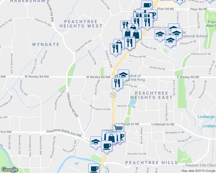 map of restaurants, bars, coffee shops, grocery stores, and more near 52 West Wesley Road Northwest in Atlanta