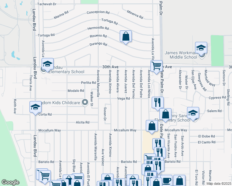 map of restaurants, bars, coffee shops, grocery stores, and more near 30425 Avenida Alvera in Cathedral City