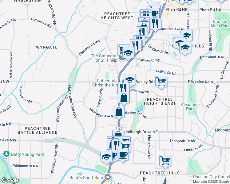 map of restaurants, bars, coffee shops, grocery stores, and more near 2660 Peachtree Road in Atlanta