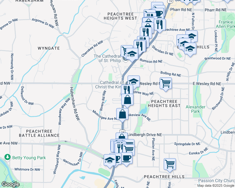 map of restaurants, bars, coffee shops, grocery stores, and more near 52 West Wesley Road Northwest in Atlanta