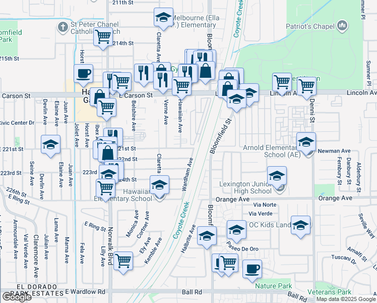 map of restaurants, bars, coffee shops, grocery stores, and more near 12518 221st Street in Hawaiian Gardens