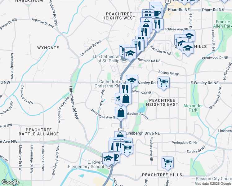 map of restaurants, bars, coffee shops, grocery stores, and more near 52 West Wesley Road Northwest in Atlanta