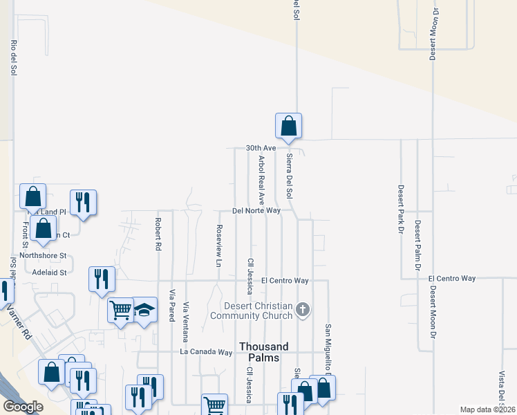 map of restaurants, bars, coffee shops, grocery stores, and more near 30475 Arbol Real Avenue in Thousand Palms