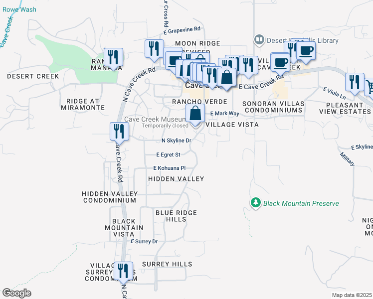 map of restaurants, bars, coffee shops, grocery stores, and more near 6111 North Skyline Drive in Cave Creek