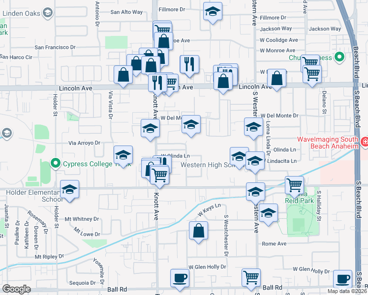 map of restaurants, bars, coffee shops, grocery stores, and more near 330 South Danbrook Drive in Anaheim