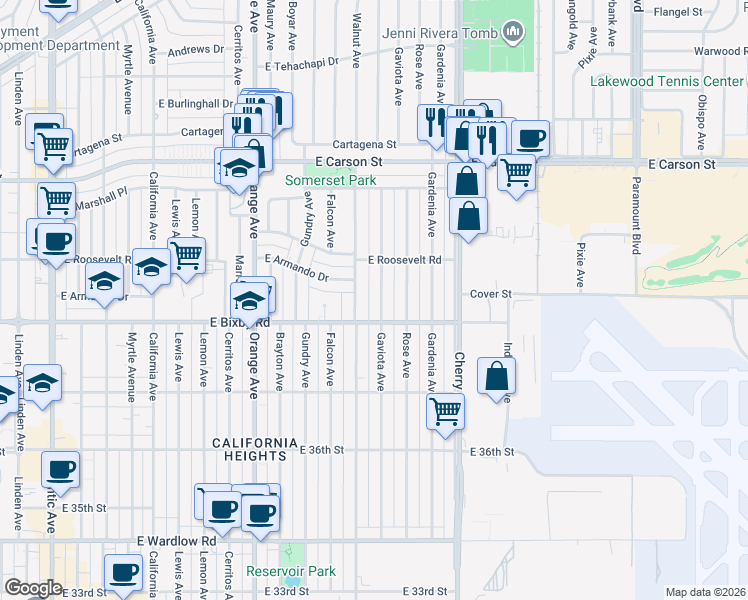 map of restaurants, bars, coffee shops, grocery stores, and more near 3838 Walnut Avenue in Long Beach