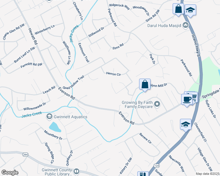 map of restaurants, bars, coffee shops, grocery stores, and more near 2958 Cordite Loop in Snellville