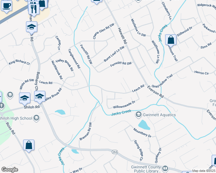 map of restaurants, bars, coffee shops, grocery stores, and more near 3899 Leach Road in Snellville