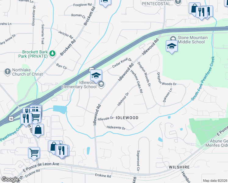 map of restaurants, bars, coffee shops, grocery stores, and more near 1519 Idlewood Road in Tucker