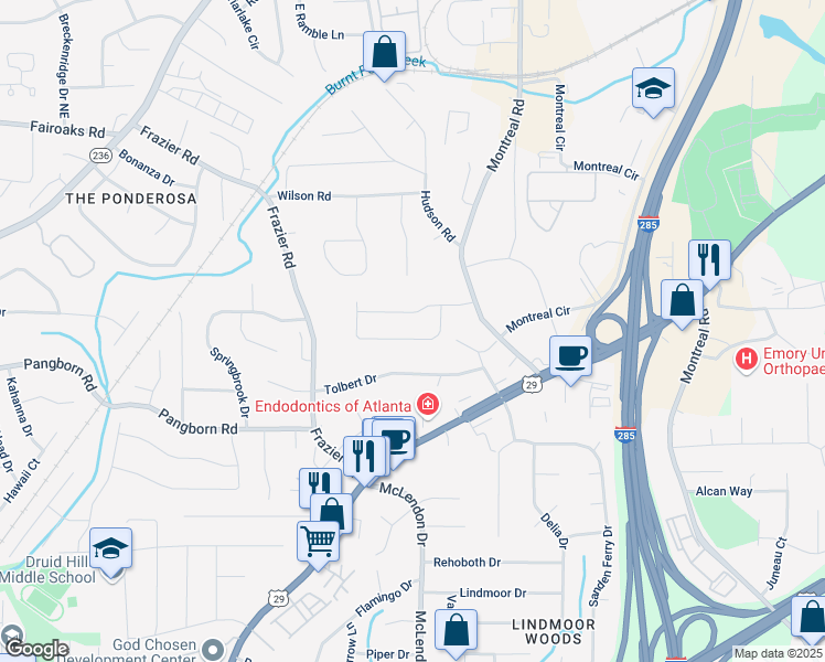 map of restaurants, bars, coffee shops, grocery stores, and more near 2991 Windfield Circle in Tucker