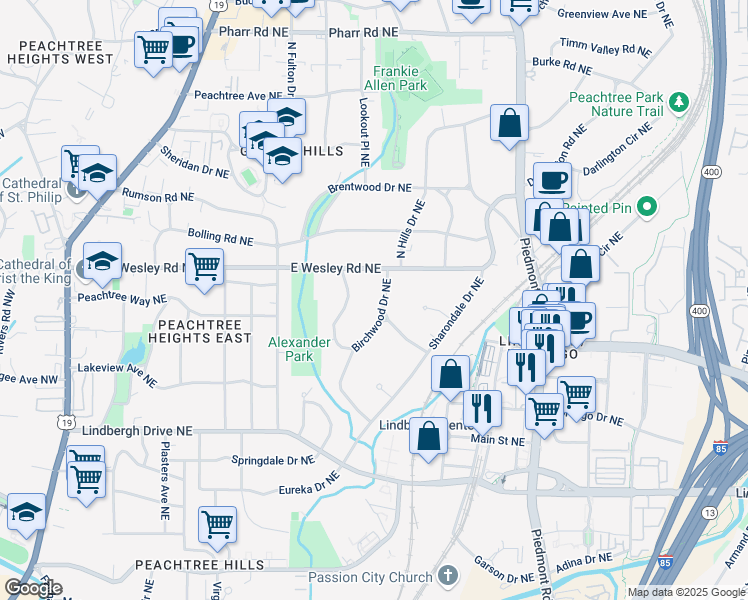 map of restaurants, bars, coffee shops, grocery stores, and more near 2672 Birchwood Drive Northeast in Atlanta