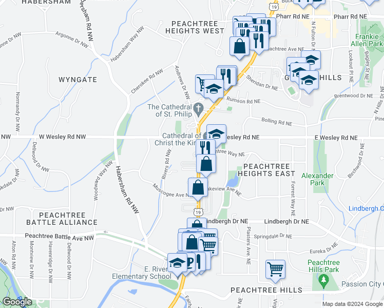 map of restaurants, bars, coffee shops, grocery stores, and more near 2660 Peachtree Road in Atlanta