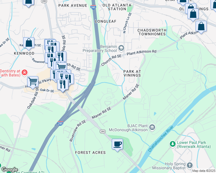 map of restaurants, bars, coffee shops, grocery stores, and more near 857 Maner Terrace Southeast in Atlanta