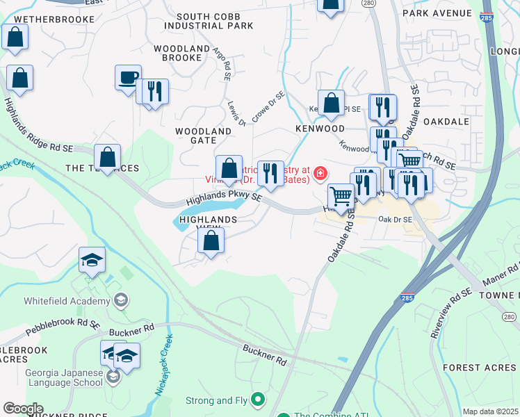 map of restaurants, bars, coffee shops, grocery stores, and more near 3614 Highlands Parkway Southeast in Smyrna
