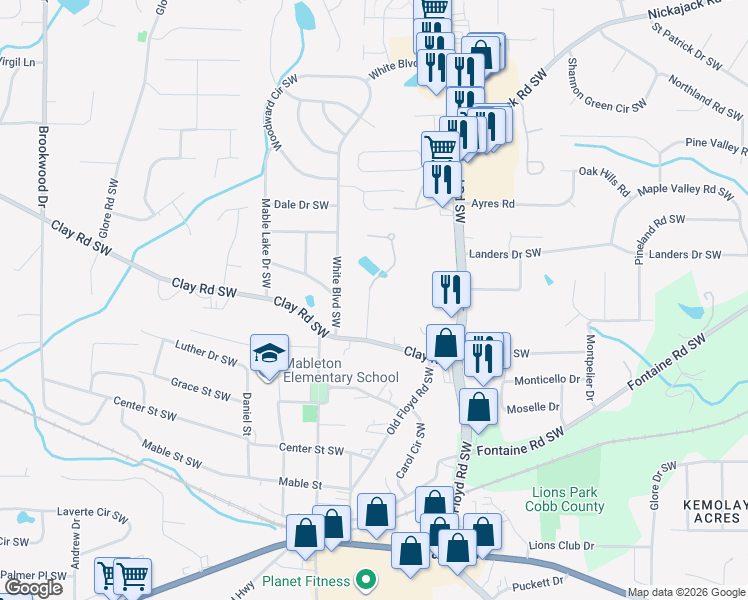 map of restaurants, bars, coffee shops, grocery stores, and more near 5179 Silhouette Lane Southwest in Mableton