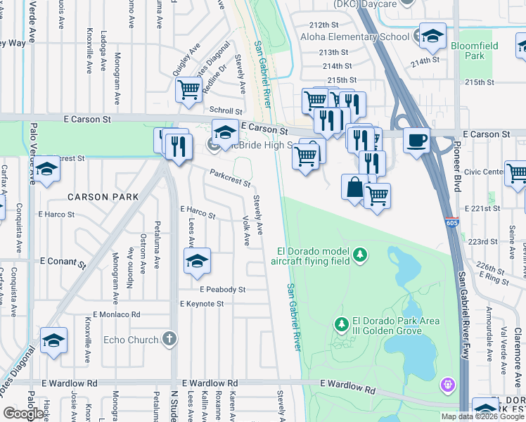 map of restaurants, bars, coffee shops, grocery stores, and more near 3814 Stevely Avenue in Long Beach