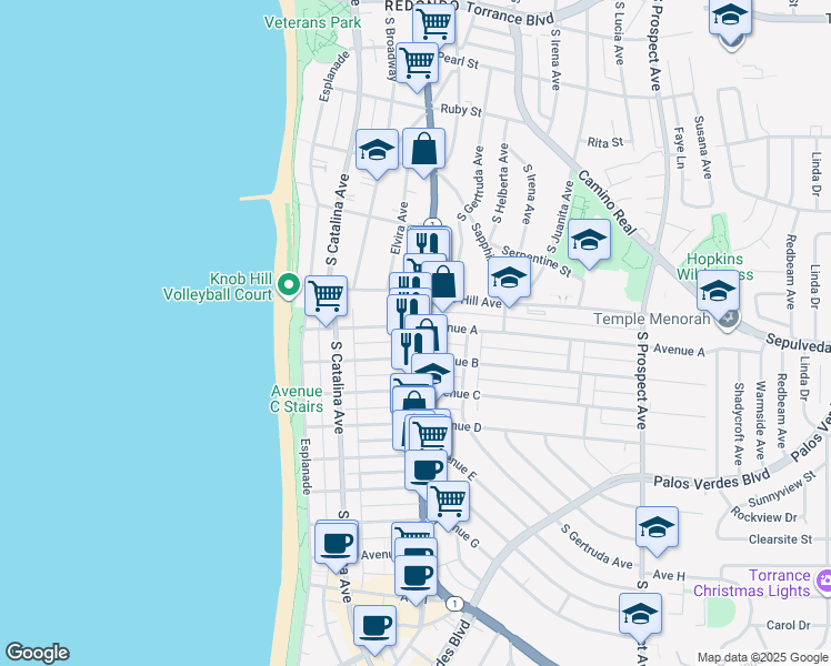 map of restaurants, bars, coffee shops, grocery stores, and more near 909 South Pacific Coast Highway in Redondo Beach