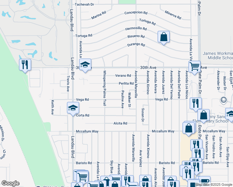 map of restaurants, bars, coffee shops, grocery stores, and more near 68315 Modalo Road in Cathedral City
