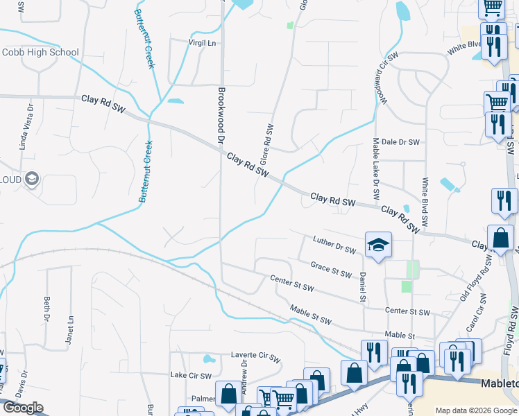 map of restaurants, bars, coffee shops, grocery stores, and more near 5105 Glore Road Southwest in Mableton