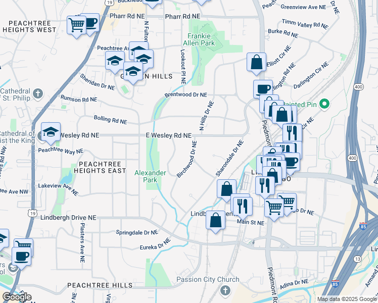 map of restaurants, bars, coffee shops, grocery stores, and more near 2672 Birchwood Drive Northeast in Atlanta