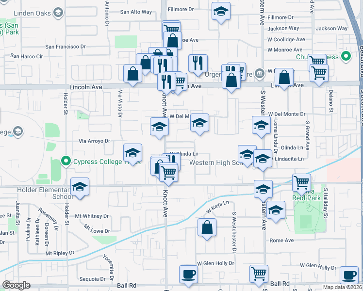 map of restaurants, bars, coffee shops, grocery stores, and more near 3420 West Danbrook Avenue in Anaheim