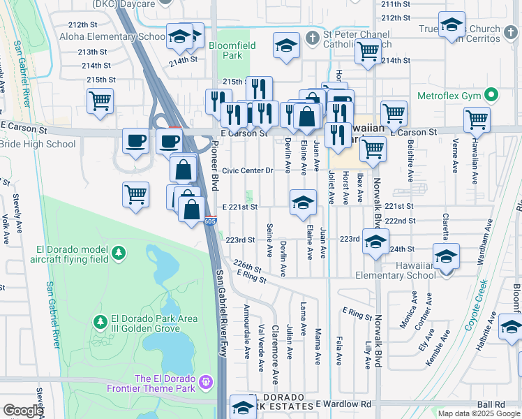 map of restaurants, bars, coffee shops, grocery stores, and more near 22017 Seine Avenue in Hawaiian Gardens
