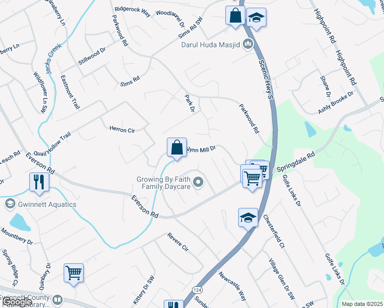 map of restaurants, bars, coffee shops, grocery stores, and more near 3132 Glynn Mill Drive in Snellville