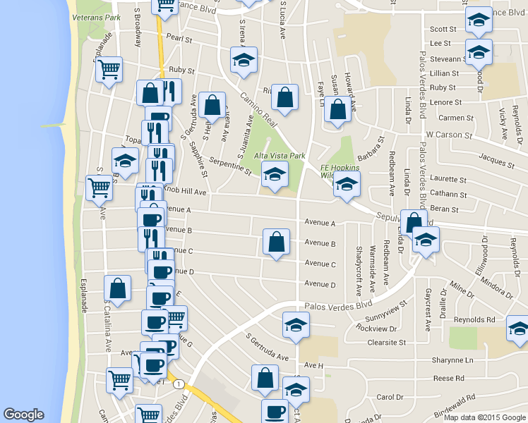 map of restaurants, bars, coffee shops, grocery stores, and more near in Redondo Beach