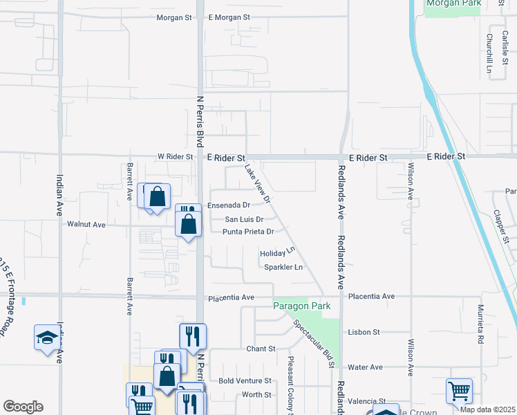 map of restaurants, bars, coffee shops, grocery stores, and more near 179 Ensenada Drive in Perris