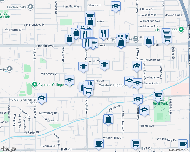 map of restaurants, bars, coffee shops, grocery stores, and more near 3420 West Danbrook Avenue in Anaheim